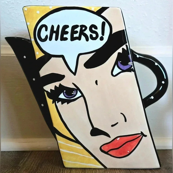 Lotus Other - 1990s Joanne DeLomba for Lotus Pop Art Retro CHEERS Ceramic Pitcher